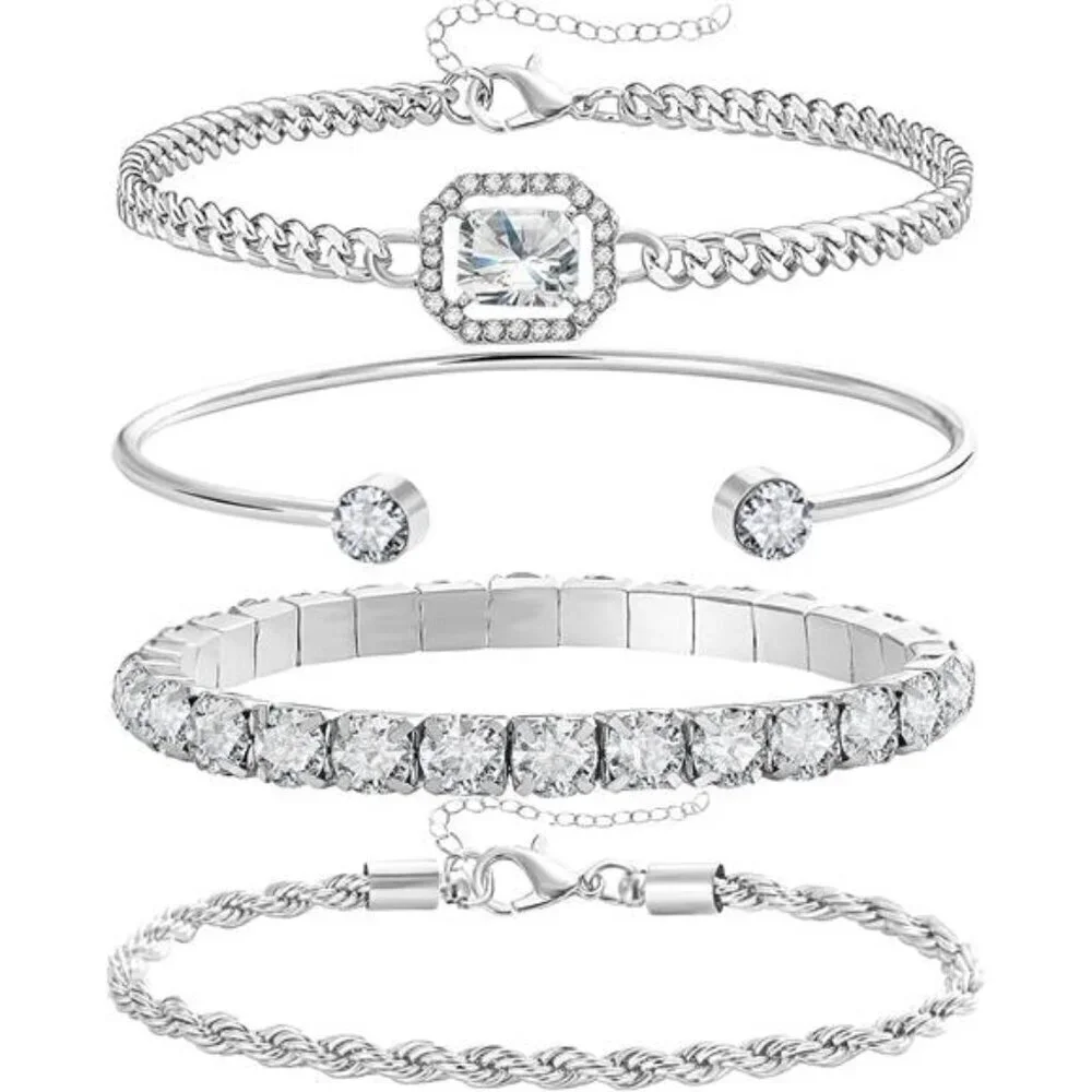 4 Piece Silver Bracelets Set Dainty for Women 14K Plated Link Cubic Zirconia